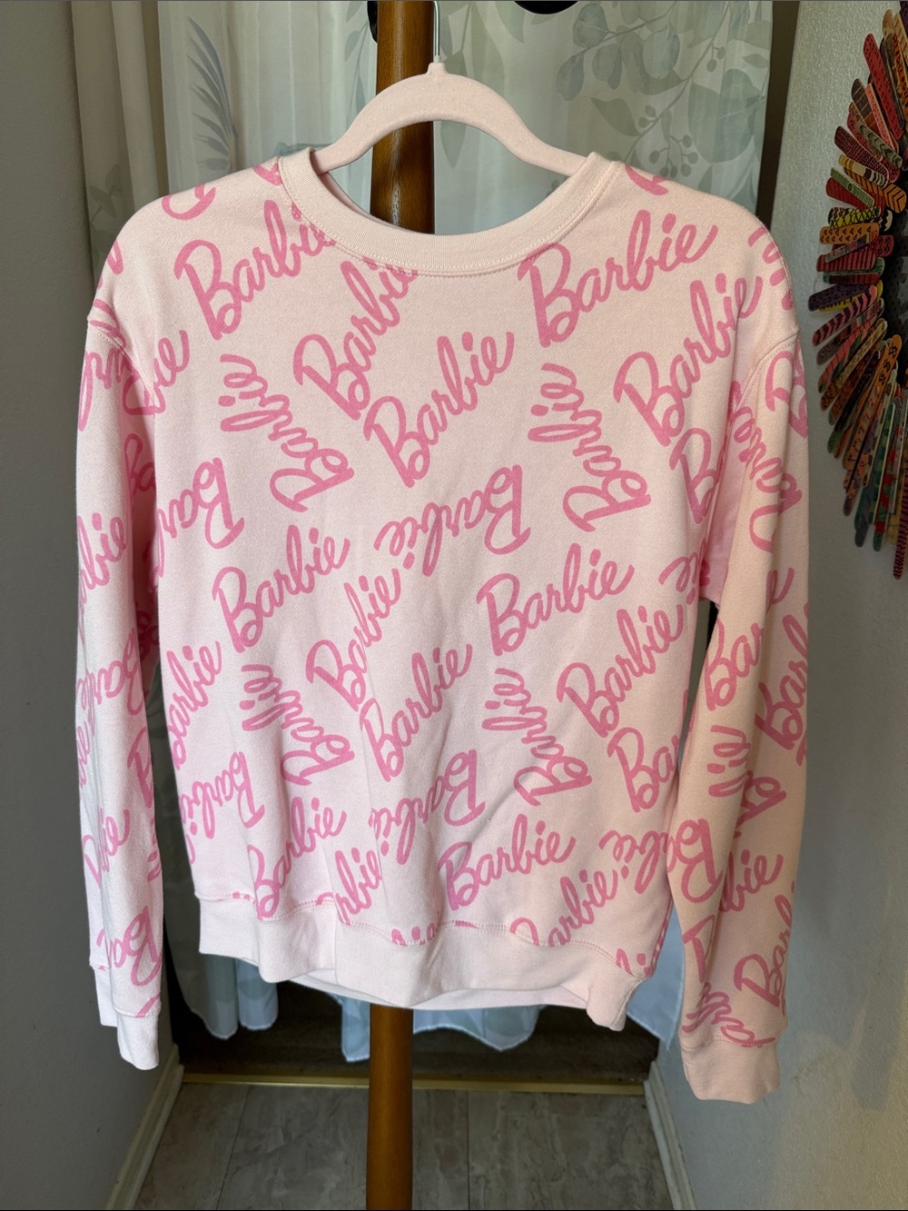 Barbie Pink Logo All-Over Print Crewneck Sweater